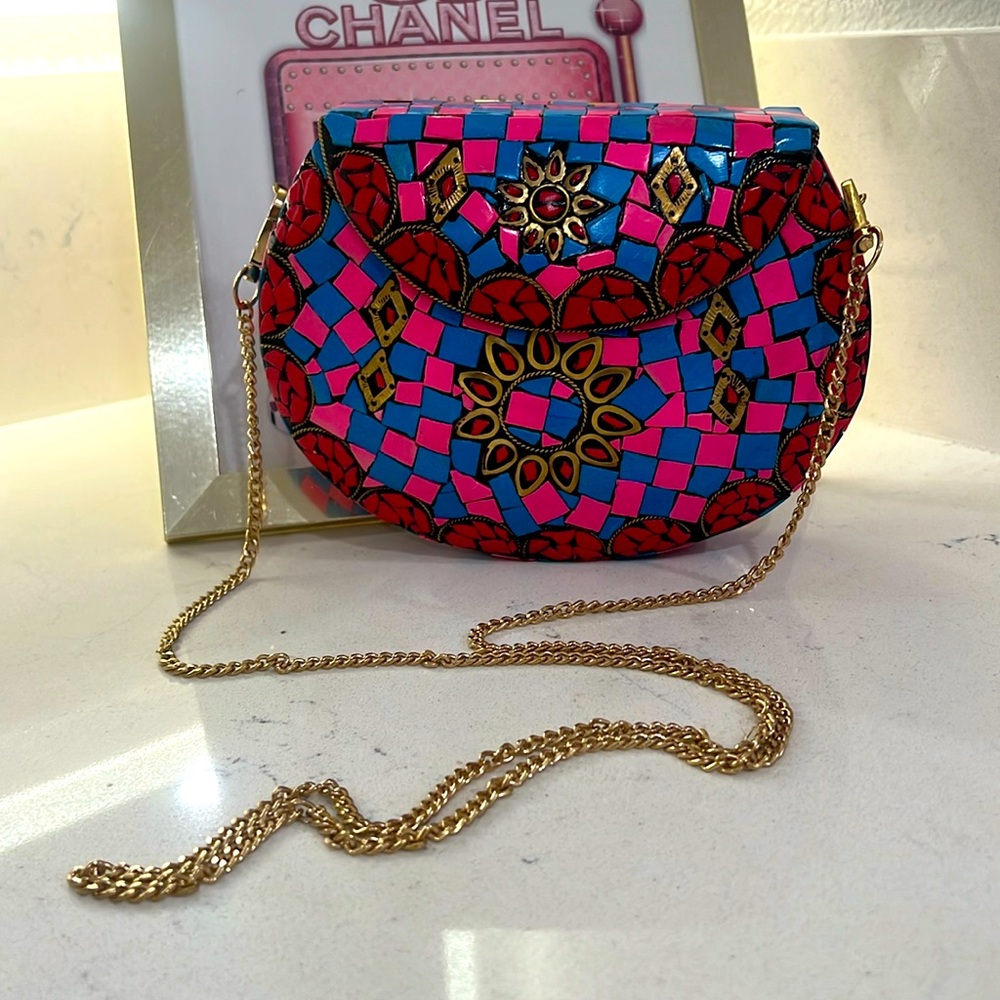 Ramla handmade mosaic handbag nwot never used pink and blue handbag